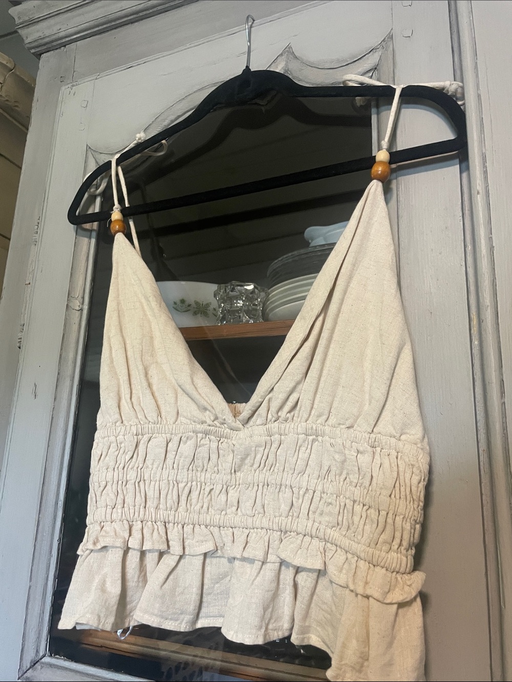New Never Worn-Cream Smocked Ruffle V-Neck Camisole with Tie Straps